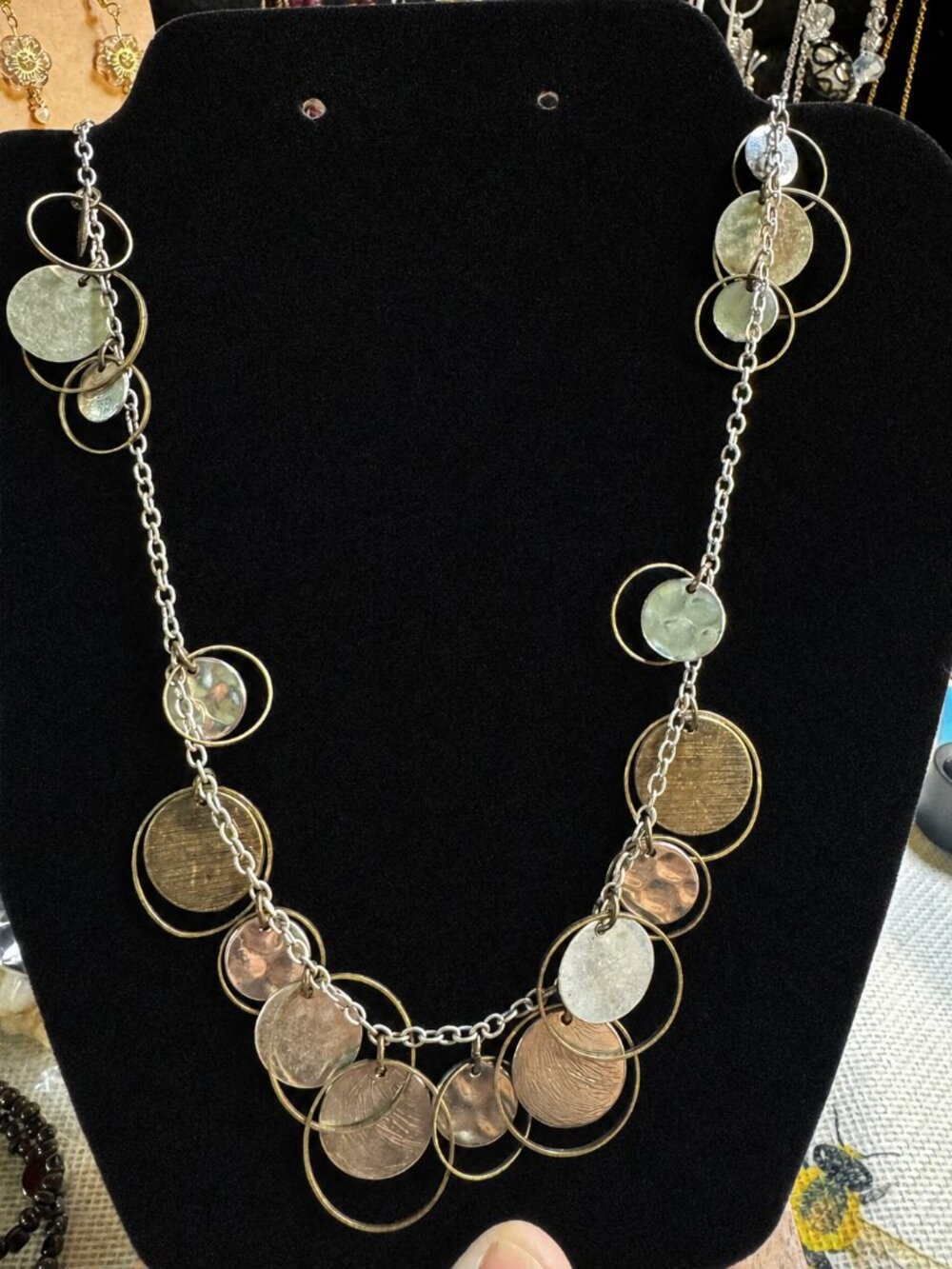 AEO American Eagle Mixed Metal Hammered Disc Long Boho Statement Necklace